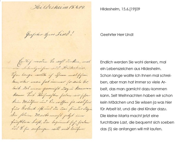 Übertragung eines Briefes aus Hildesheimaus dem Jahr 1909